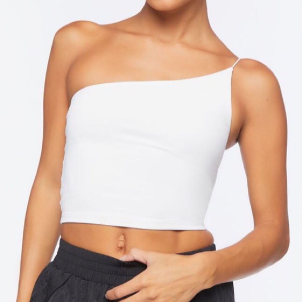 One shoulder white top